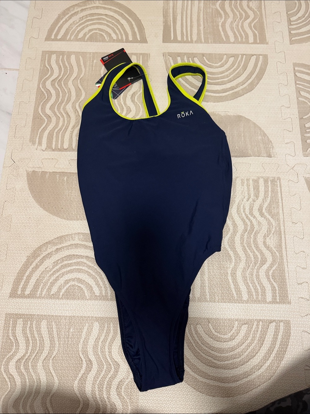 NWT ROKA Women's Navy One-Piece Swimsuit with Lime Trim